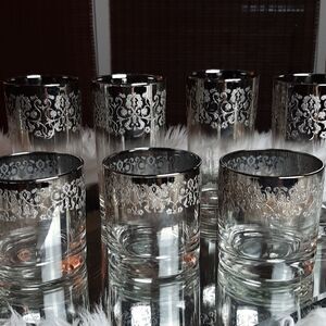 VINTAGE CRYSTAL‎ Blown  Engraved Silver Glass Set  7 pieces 4 / 12oz / 3 4 oz